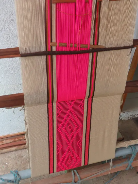 Guanga con la urdimbre montada y las macanas de madera